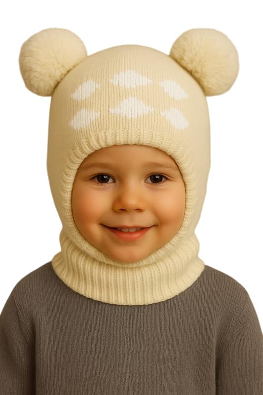Krystle Kids Winter Knitted Balaclava Hat with Pom Poms | Warm Woolen Ski Mask for Boys & Girls (White,1-4 Years) - Image 4