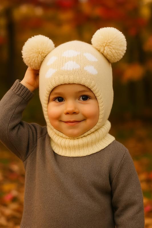 Krystle Kids Winter Knitted Balaclava Hat with Pom Poms | Warm Woolen Ski Mask for Boys & Girls (White,1-4 Years) - Image 3