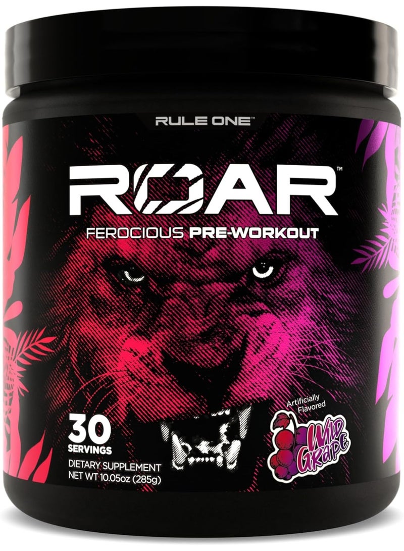 رول 1 مسحوق ما قبل التمرين Rule 1 Roar Ferocious | مع الكرياتين، وبيتا ألانين، والسيترولين، والإلكتروليتات، والكافيين | بنكهة العنب البري | 30 حصة - Image 1