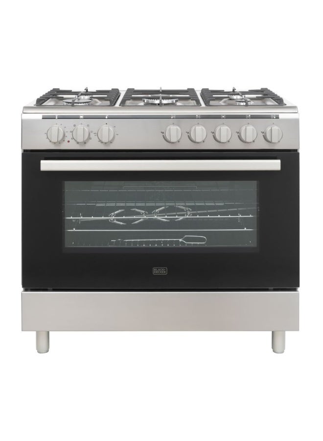 BLACK+DECKER 90cm Gas Cooker with 5 Gas Burners, 121L Electric Oven, Cast Iron Support, Digital Timer BXOFM905.003AZVX Stainless Steel - Image 1