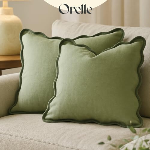 Orelle Scalloped Pillow Covers Set of 2 100 Linen Cotton Decorative Throw Pillow Covers 18x18 Sage Green - Image 3