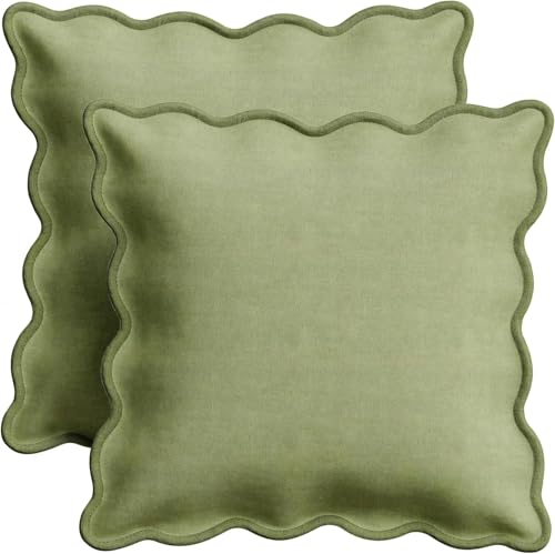 Orelle Scalloped Pillow Covers Set of 2 100 Linen Cotton Decorative Throw Pillow Covers 18x18 Sage Green - Image 1