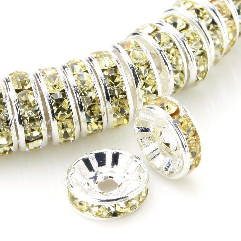 RUBYCA 100pcs 10mm A Round Rondelle Spacer Charm Beads Silver Tone Light Yellow Czech Crystal