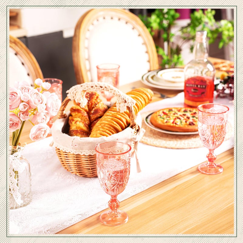 Wiwiqing 24 Pcs Plastic Goblets 7.5oz Vintage Goblet Plastic Wine Glasses Colored Retro Embossed Water Goblets for Wine Bar Juice Baby Shower Wedding Reception Grand Event Party (Pink) - Image 4