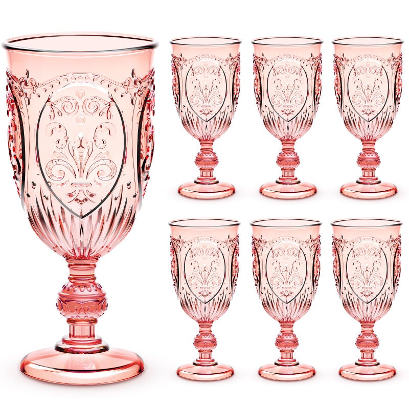 Wiwiqing 24 Pcs Plastic Goblets 7.5oz Vintage Goblet Plastic Wine Glasses Colored Retro Embossed Water Goblets for Wine Bar Juice Baby Shower Wedding Reception Grand Event Party (Pink) - Image 1