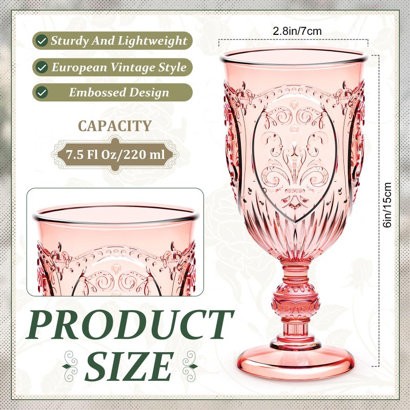 Wiwiqing 24 Pcs Plastic Goblets 7.5oz Vintage Goblet Plastic Wine Glasses Colored Retro Embossed Water Goblets for Wine Bar Juice Baby Shower Wedding Reception Grand Event Party (Pink) - Image 2