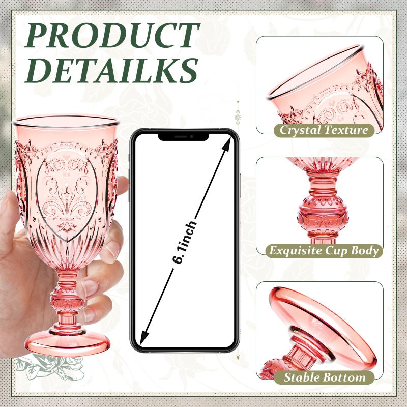 Wiwiqing 24 Pcs Plastic Goblets 7.5oz Vintage Goblet Plastic Wine Glasses Colored Retro Embossed Water Goblets for Wine Bar Juice Baby Shower Wedding Reception Grand Event Party (Pink) - Image 3