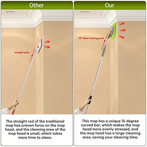 SLIIMU Wall Cleaner, Max 66'' Wall Mop with Long Handle, Ceiling Dust Mop with 15° Labor-Saving Elbow Extension Pole, Baseboard Duster Washer Scrubber, High Reach Window Cleaning Brush, Roof Cleaning Tool-GN - Image 4