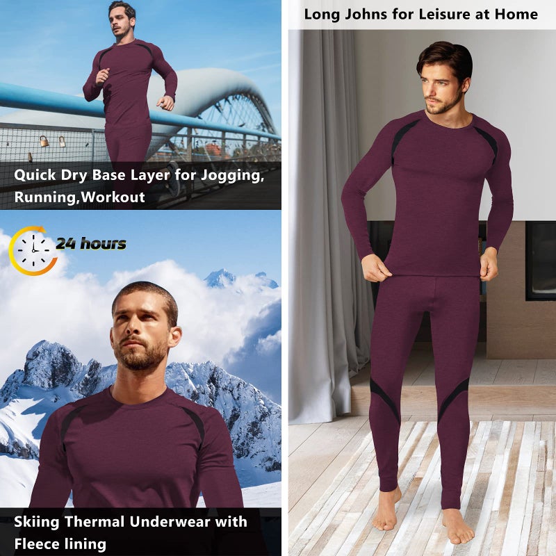 Muezna Men's Thermal Top and Bottom Set Underwear Long Johns Base Layer with Soft Fleece Lined Burgundy - Image 4