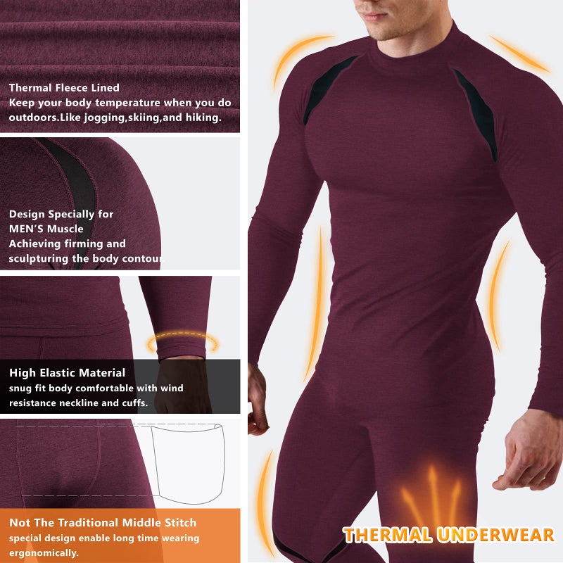 Muezna Men's Thermal Top and Bottom Set Underwear Long Johns Base Layer with Soft Fleece Lined Burgundy - Image 5
