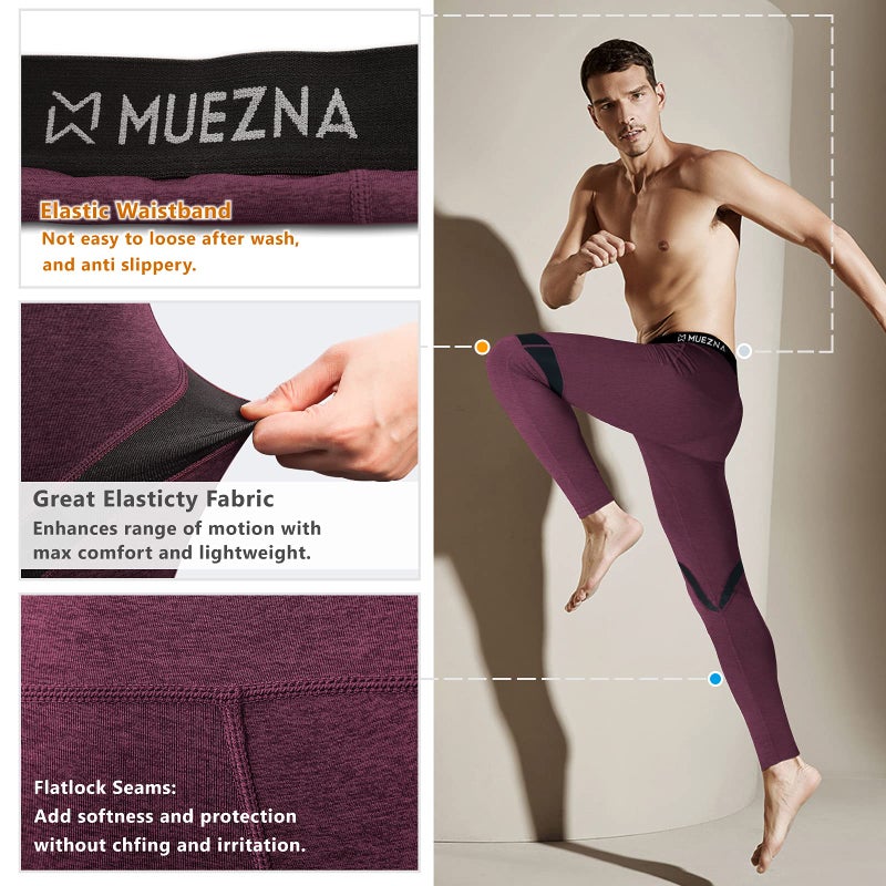 Muezna Men's Thermal Top and Bottom Set Underwear Long Johns Base Layer with Soft Fleece Lined Burgundy - Image 2