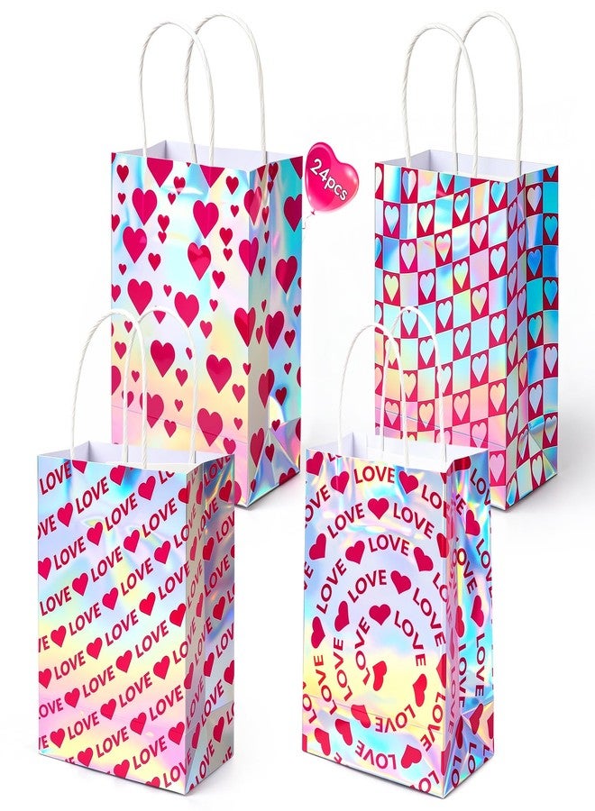 Shintop 24Pcs Iridescent Gift Bags with Handles, Small Holographic Paper Party Favor Bags Love Heart Reusable Goodie Pouches Bulk for Valentine & Mothers Day Parties (8.3 x 5.9 x 3.1 in) - Image 1