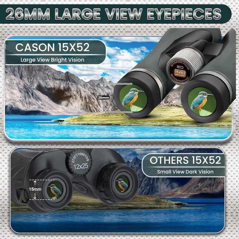 C DEVICE منظار كاسون ED زجاج - 15 × 52 للمسافات البعيدة، منظار لمشاهدة الطيور، الحياة البرية مع محول الهاتف | مقابض معدنية | مملوء بالنيتروجين | مدى 3000 متر | زجاج BAK 4 (أخضر) - Image 5