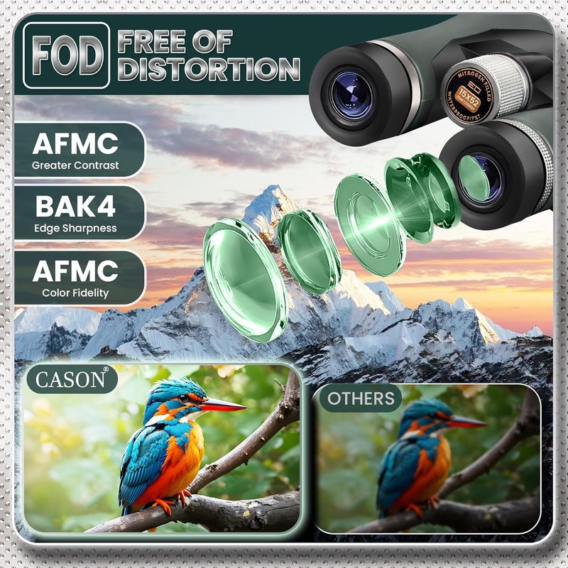 C DEVICE منظار كاسون ED زجاج - 15 × 52 للمسافات البعيدة، منظار لمشاهدة الطيور، الحياة البرية مع محول الهاتف | مقابض معدنية | مملوء بالنيتروجين | مدى 3000 متر | زجاج BAK 4 (أخضر) - Image 2