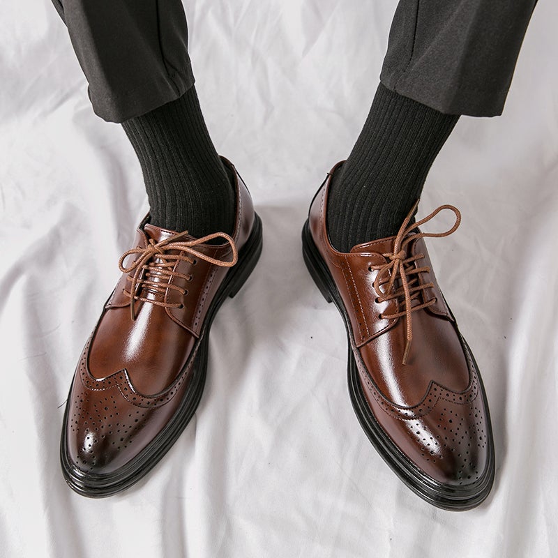 Brown Leather Shoes Men'S Brogue Business Wear Derby Shoes Heightening Casual British Soft Sole Wedding Groom'S Shoes - Image 2