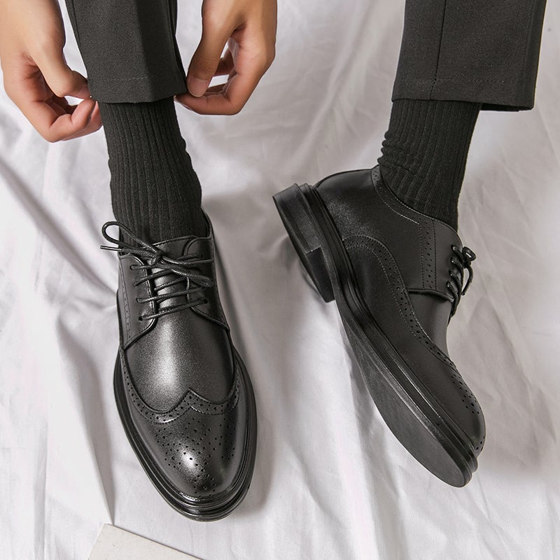 Brown Leather Shoes Men'S Brogue Business Wear Derby Shoes Heightening Casual British Soft Sole Wedding Groom'S Shoes - Image 1