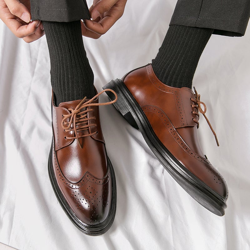 Brown Leather Shoes Men'S Brogue Business Wear Derby Shoes Heightening Casual British Soft Sole Wedding Groom'S Shoes - Image 3