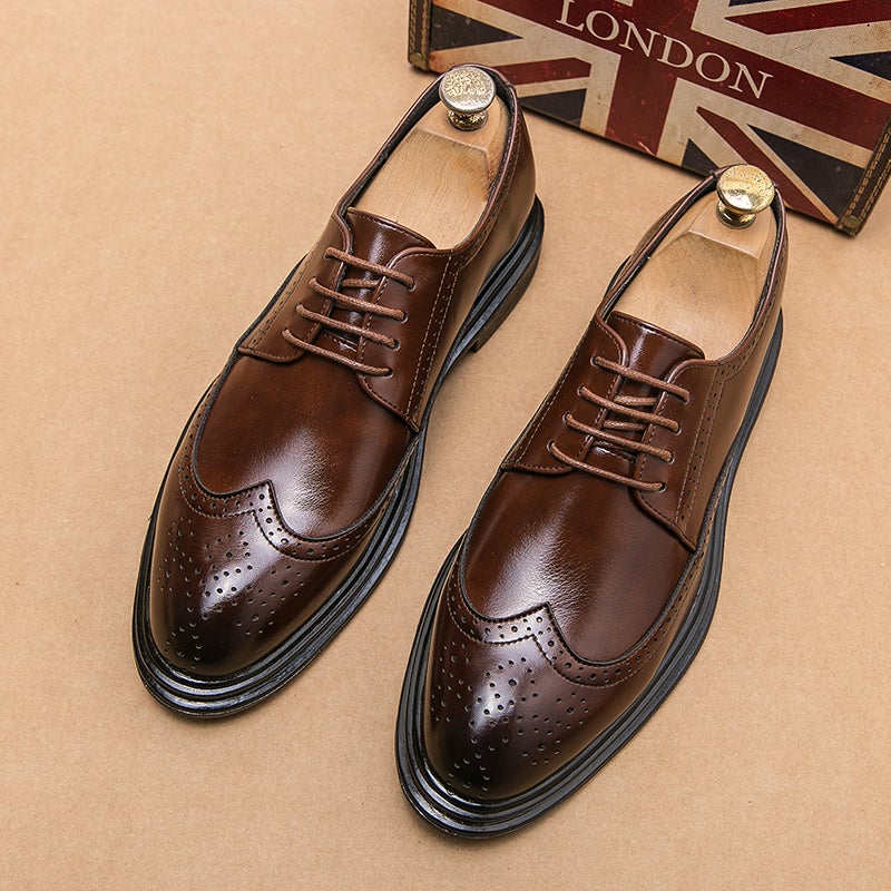 Brown Leather Shoes Men'S Brogue Business Wear Derby Shoes Heightening Casual British Soft Sole Wedding Groom'S Shoes - Image 4