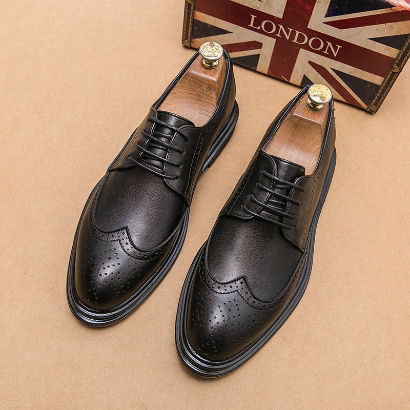 Brown Leather Shoes Men'S Brogue Business Wear Derby Shoes Heightening Casual British Soft Sole Wedding Groom'S Shoes - Image 5