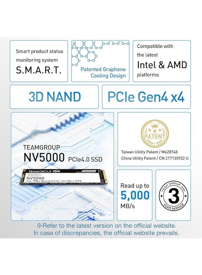 تيم جروب قرص صلب SSD من نوع TEAM GROUP M.2-2280 PCI-E Gen4x4 NV5000 بسعة 1 تيرابايت، إصدار تجاري - TM8FGM001T0C101 - Image 2