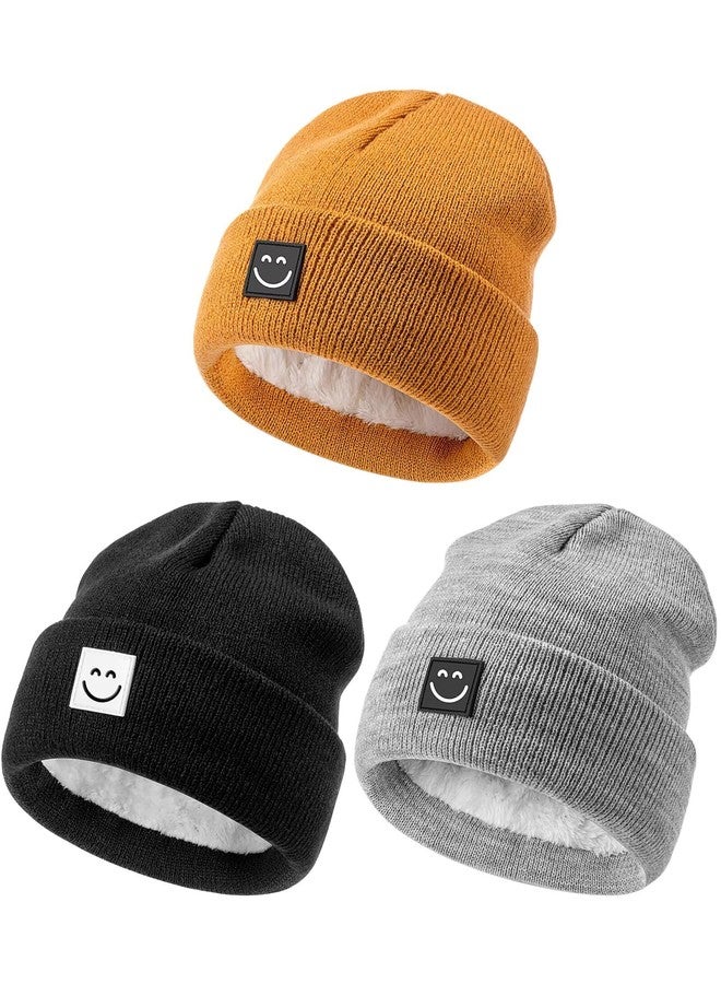 Hispeka Baby Beanie Hat 3 Packs with Cute Smiley Face, Toddler Girls Boys Baby Hats Winter, Kids Winter Hat Cold Weather Camel & Black & Light Grey - Image 1
