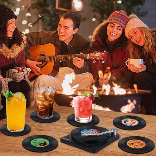 DuoMuo Funny Retro Record Coasters for Drinks with Vinyl Player Holder for Music Lovers,Set of 6 Conversation Piece Sayings Drink Coaster,Housewarming Hostess Wedding Registry Gift Ideas - Image 5