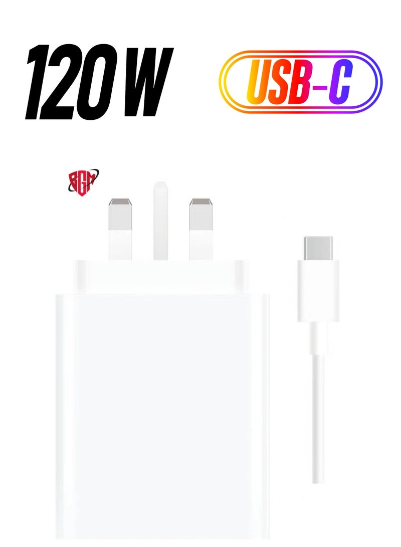 BGM 120W Fast Charging Power Adapter for Xiaomi Mi 12/13T, Mi 9T Pro, Poco, Black Shark 5, Mi 13/12T/11T/10T Pro, Note 11 Pro 5G & More (White) - Image 1