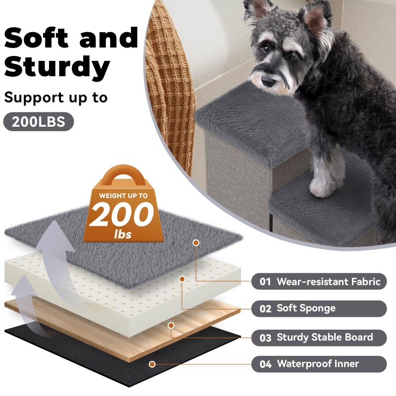 Zerbuger Dog Stairs with Furry Lids 18" H, 3-Step Wider Dog Steps with Storage for Small/Medium/Large Old Dogs Cats, Folding Sturdy Pet Stairs Climbing Bed Couch, Ramp for Car Hold Up to 200 lbs, Grey - Image 4