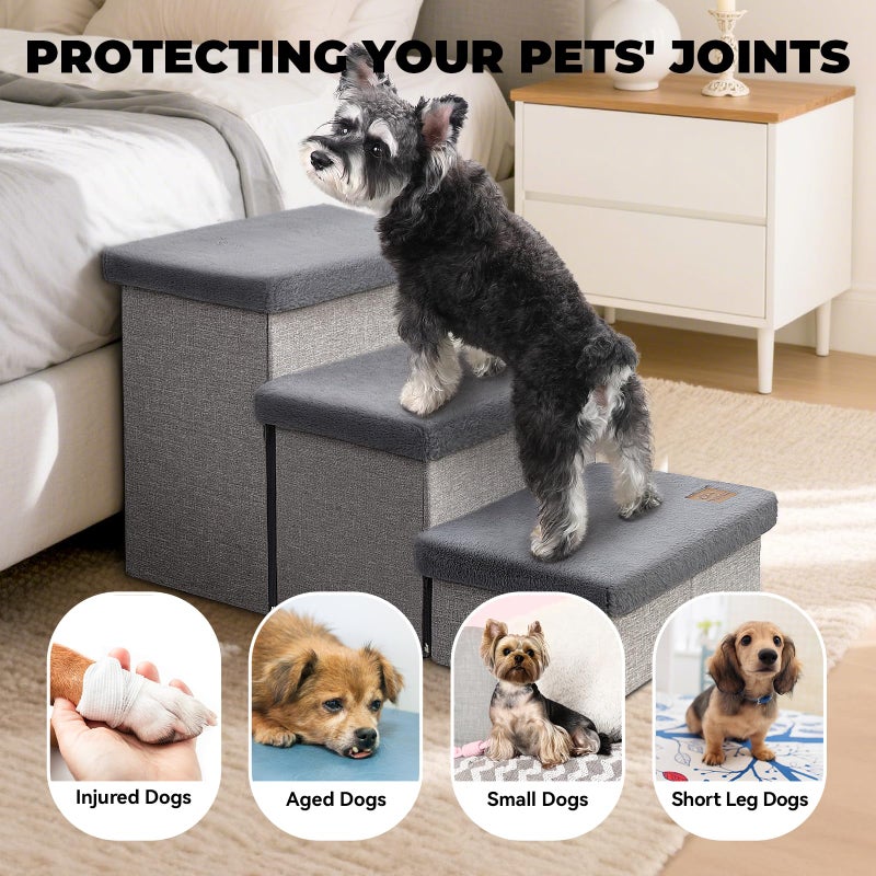 Zerbuger Dog Stairs with Furry Lids 18" H, 3-Step Wider Dog Steps with Storage for Small/Medium/Large Old Dogs Cats, Folding Sturdy Pet Stairs Climbing Bed Couch, Ramp for Car Hold Up to 200 lbs, Grey - Image 3