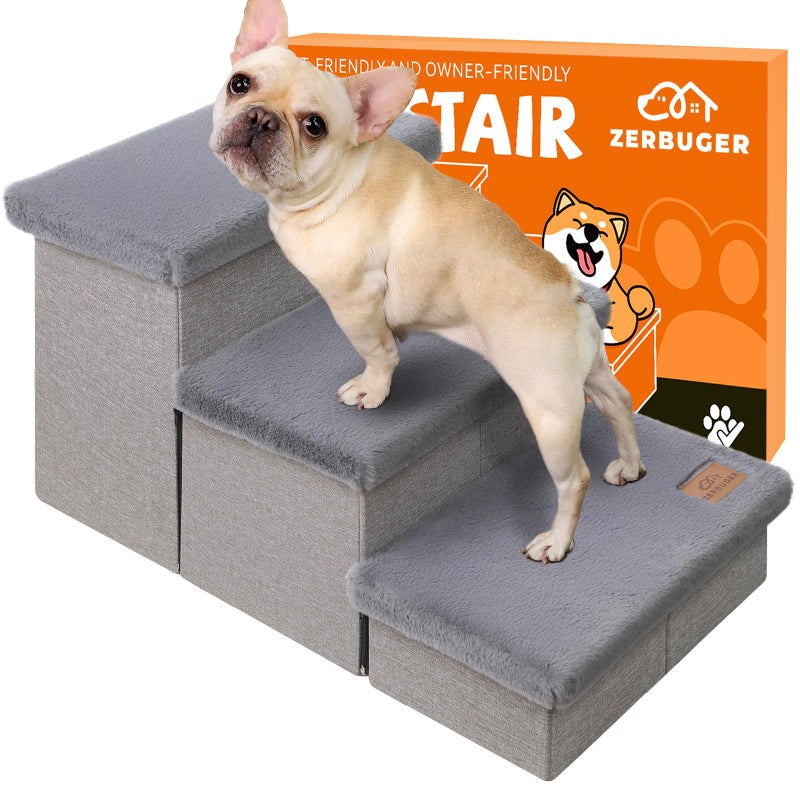 Zerbuger Dog Stairs with Furry Lids 18" H, 3-Step Wider Dog Steps with Storage for Small/Medium/Large Old Dogs Cats, Folding Sturdy Pet Stairs Climbing Bed Couch, Ramp for Car Hold Up to 200 lbs, Grey - Image 1