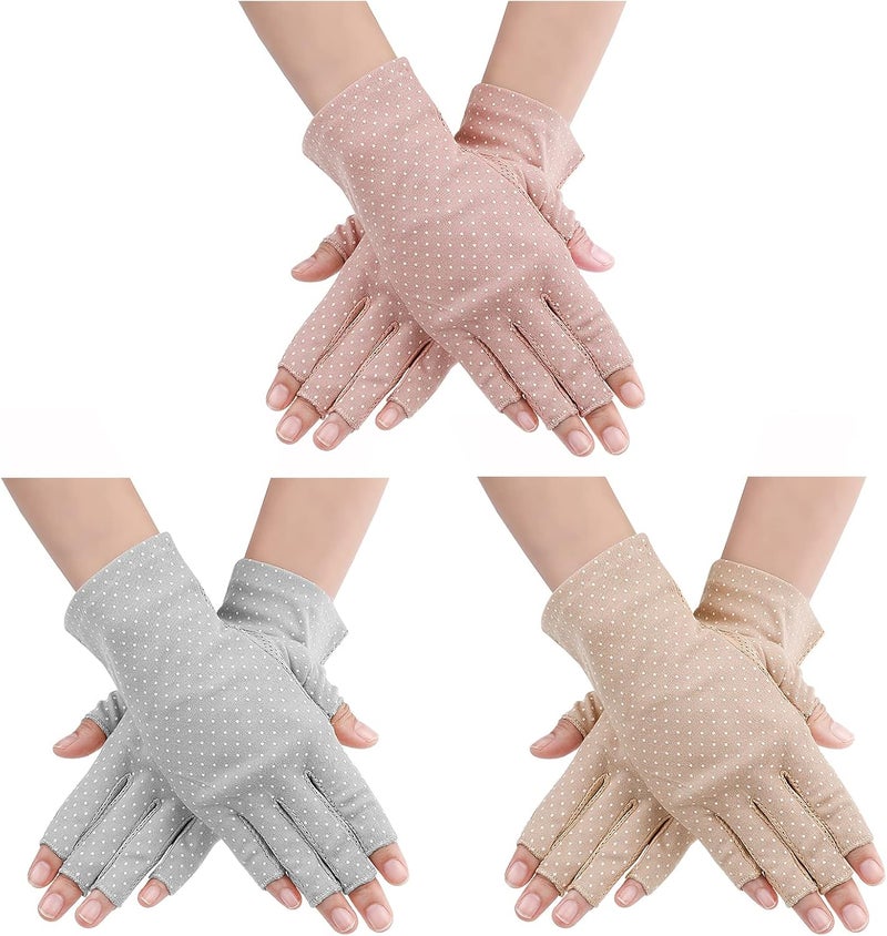 Yolev 3 Pairs Sunblock Fingerless Gloves in Khaki, Pink, and Gray - Image 1