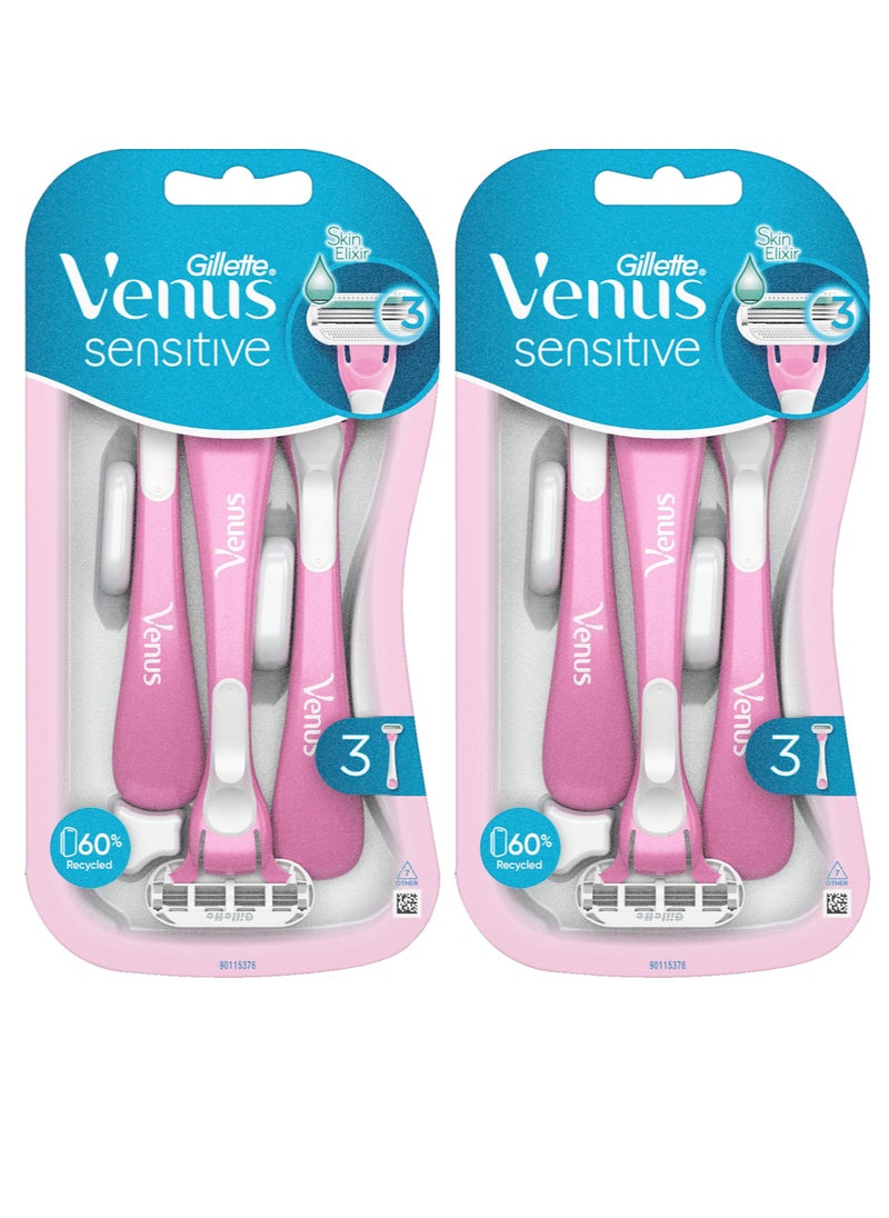 Venus Pack Of 2 Gillette Venus Sensitive 3 Razors with 3 Blades and a Moving Head  - Image 1