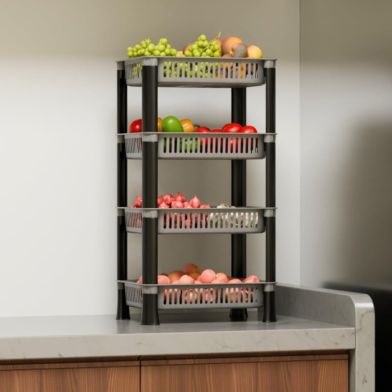 Morbrix Rack Stand for Storage Multi Purpose Vegetable Storage Rack Plastic Space Saving Basket Organizer for Household Office Bedroom Kitchen Living Room 4 Layer Rack Stand Silver Color - Image 2