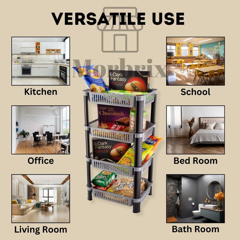 Morbrix Rack Stand for Storage Multi Purpose Vegetable Storage Rack Plastic Space Saving Basket Organizer for Household Office Bedroom Kitchen Living Room 4 Layer Rack Stand Silver Color - Image 5