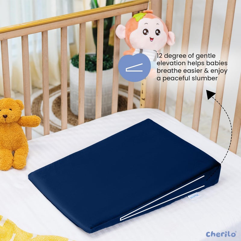 Cherilo Cherilo Standard Elevated Wedge Pillow for Baby Crib Mattress Helps to Elevate Baby for Acid Reflux Colic GERD Heat Burn Vomiting 14 x 19 x 35 With Removable Velvet Cover Navy Blue - Image 3