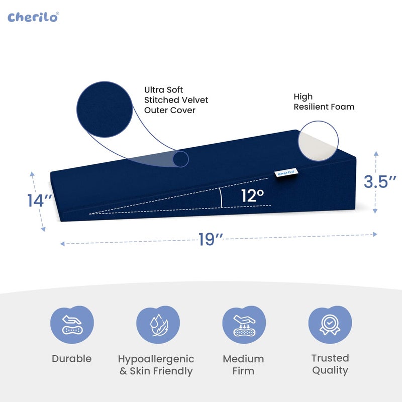 Cherilo Cherilo Standard Elevated Wedge Pillow for Baby Crib Mattress Helps to Elevate Baby for Acid Reflux Colic GERD Heat Burn Vomiting 14 x 19 x 35 With Removable Velvet Cover Navy Blue - Image 4