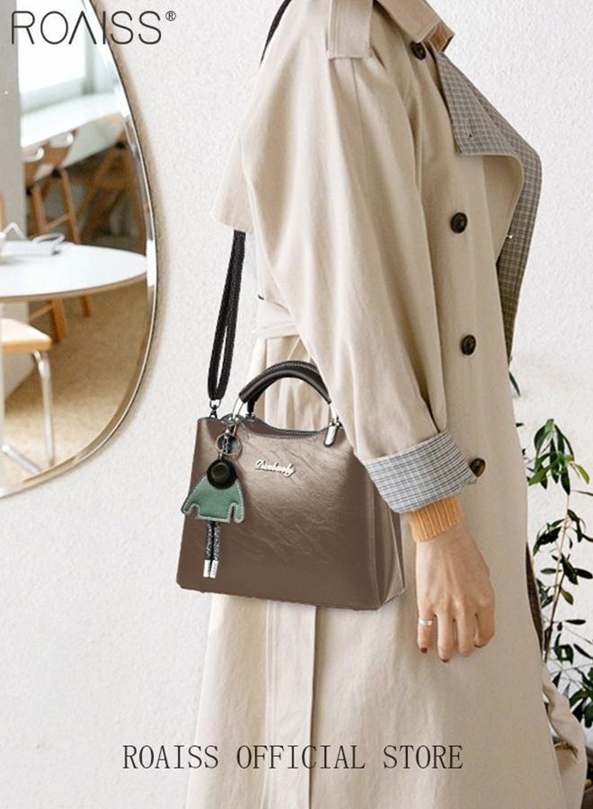 roaiss Retro Elegant Handbag Advanced Leather Unique Chic All-match Large Capacity One Shoulder/Crossbody Messenger Bag for Women/Mother/Girl Friend Gift Waterproof Brown - Image 2