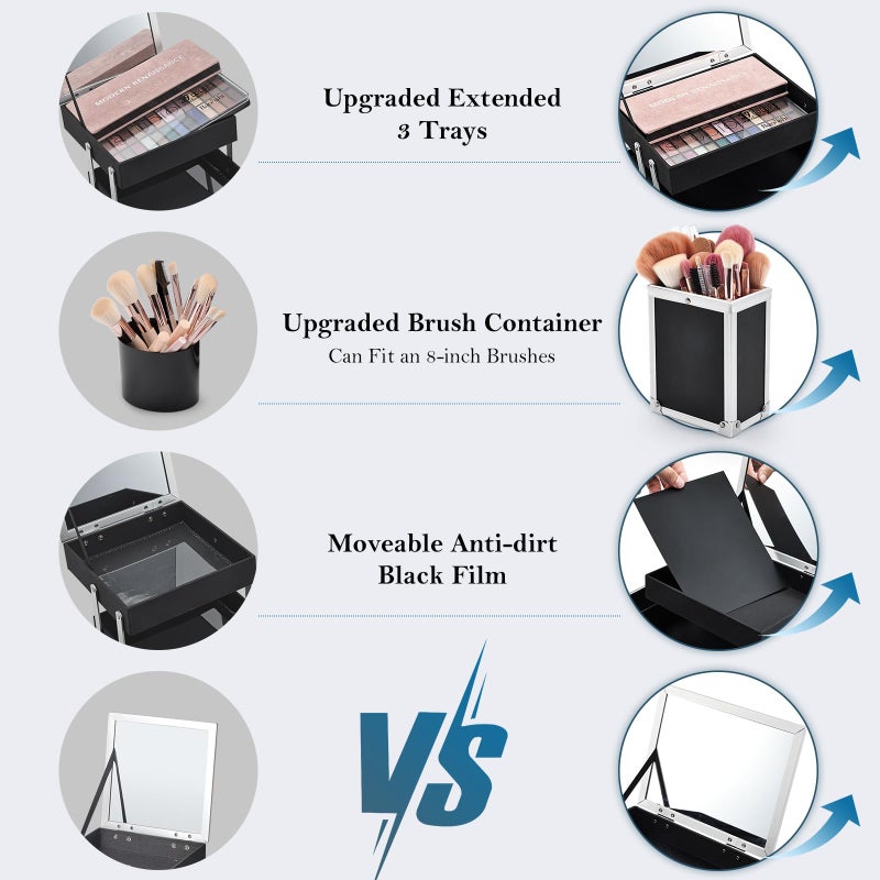 FRENESSA Makeup Train Case Makeup Box 11.8 Inch Large Makeup Case Organizer 3 Trays with Mirror Locking Cosmetic Storage Box for Cosmetics Nail Supplies Sewing Travel Case Black Floral - Image 4