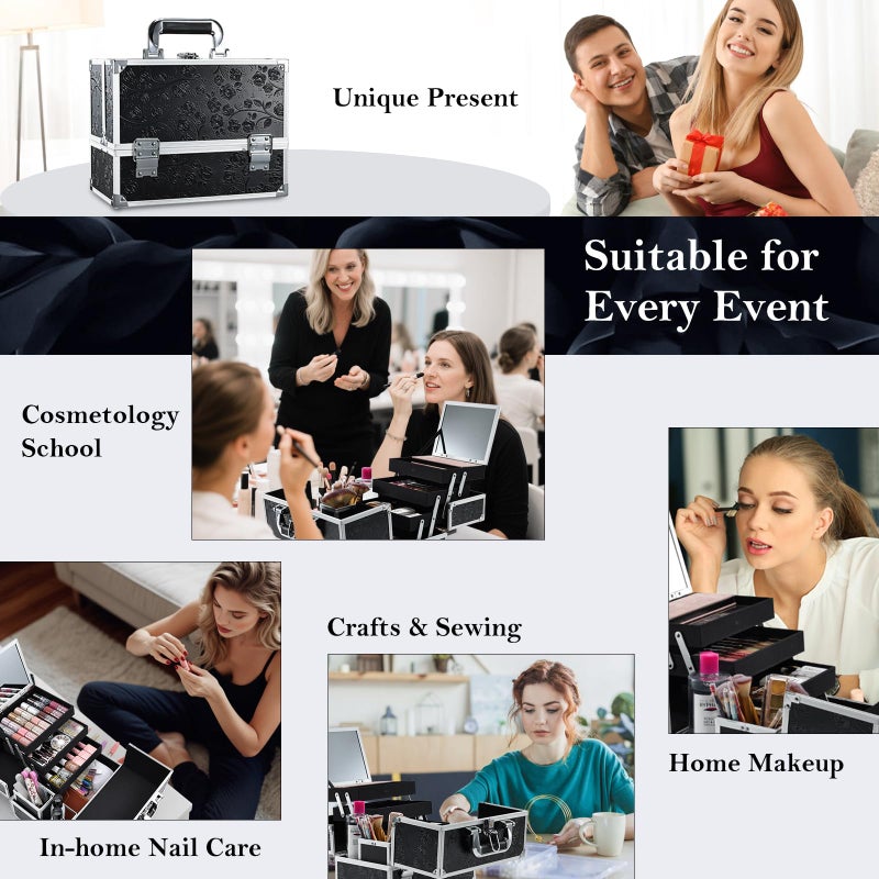 FRENESSA Makeup Train Case Makeup Box 11.8 Inch Large Makeup Case Organizer 3 Trays with Mirror Locking Cosmetic Storage Box for Cosmetics Nail Supplies Sewing Travel Case Black Floral - Image 3