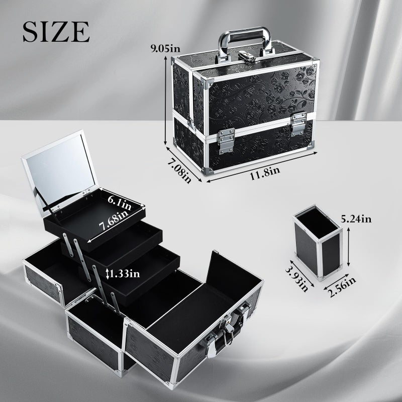 FRENESSA Makeup Train Case Makeup Box 11.8 Inch Large Makeup Case Organizer 3 Trays with Mirror Locking Cosmetic Storage Box for Cosmetics Nail Supplies Sewing Travel Case Black Floral - Image 5