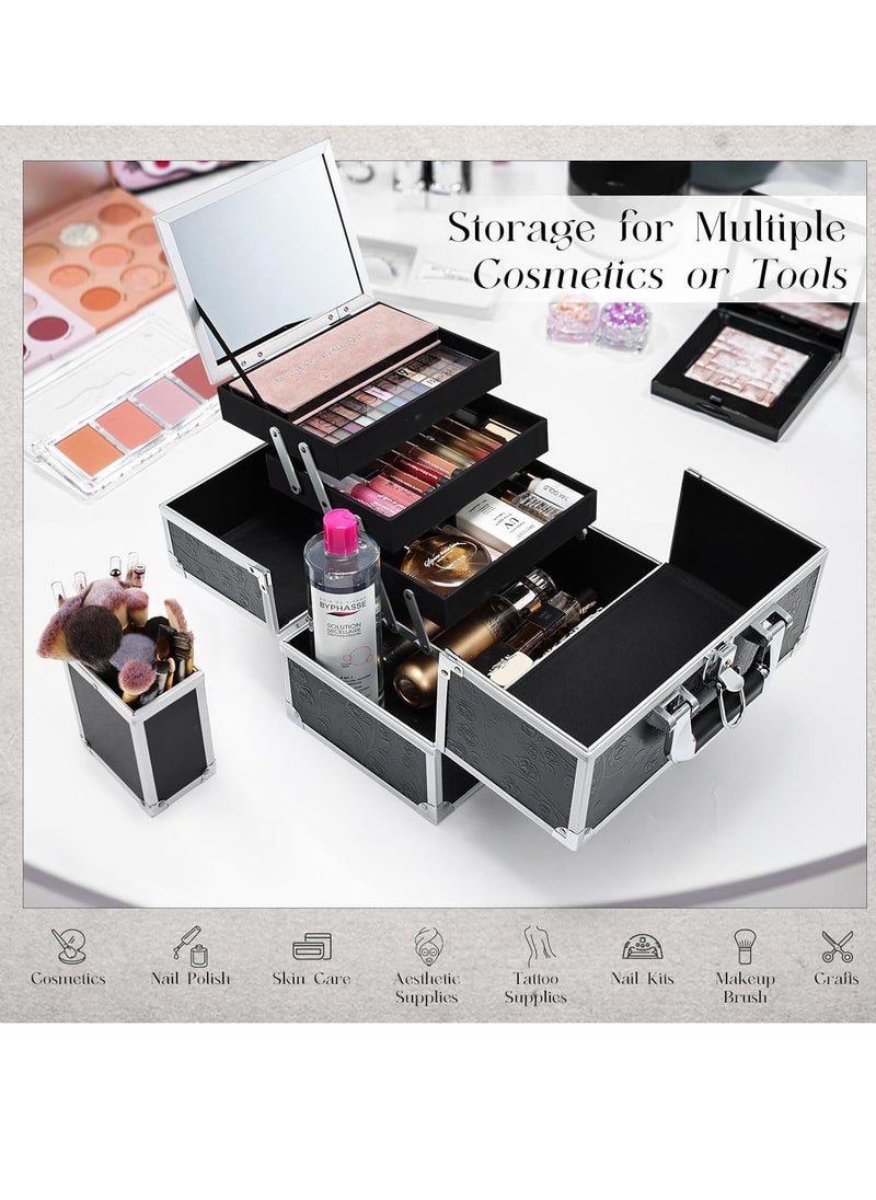 FRENESSA - FRENESSA Makeup Train Case 11.8 Inch Extra Large Makeup Organizer Case 3 Trays with Mirror Cosmetic Travel Storage Box for Makeup Artist Nail Art Tech Sewing Supplies Travel Case Black Floral - Image 1