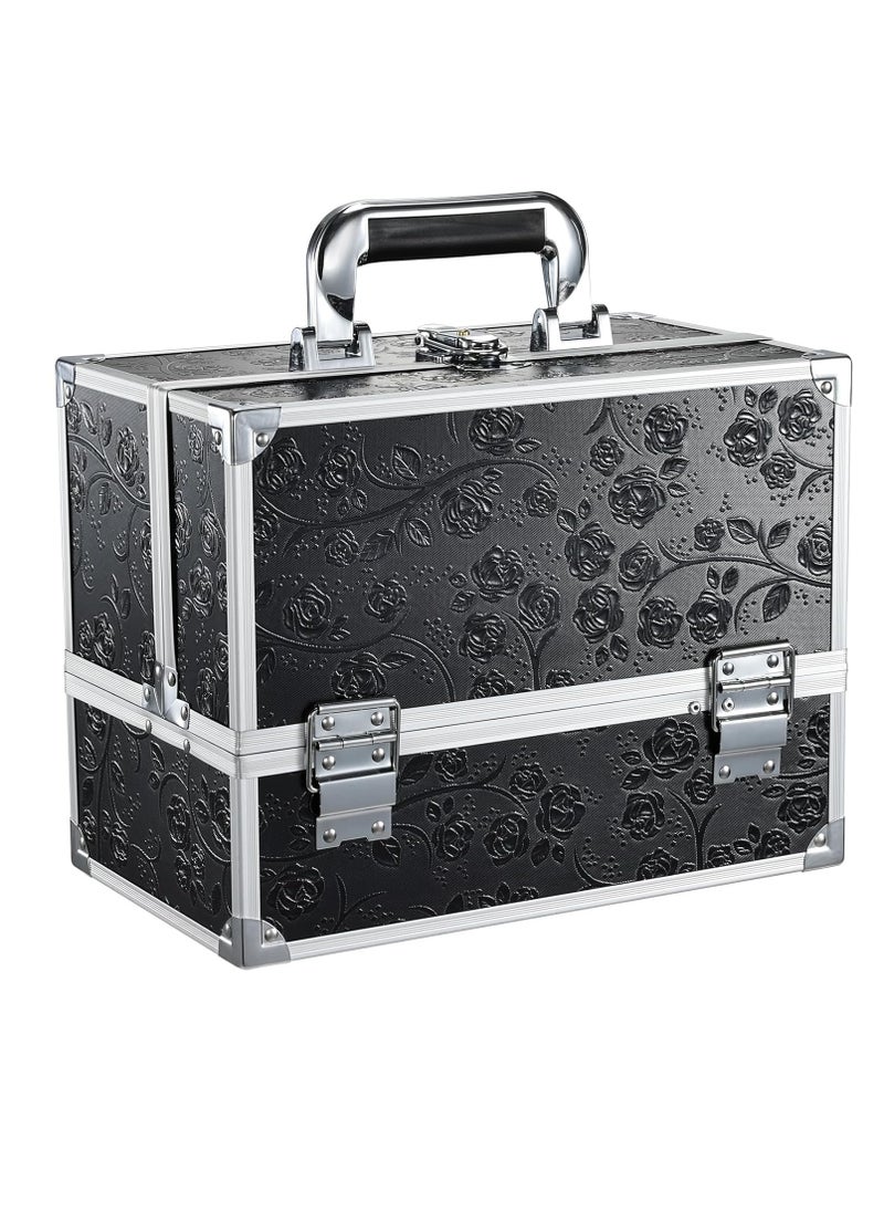 FRENESSA - FRENESSA Makeup Train Case 11.8 Inch Extra Large Makeup Organizer Case 3 Trays with Mirror Cosmetic Travel Storage Box for Makeup Artist Nail Art Tech Sewing Supplies Travel Case Black Floral - Image 1