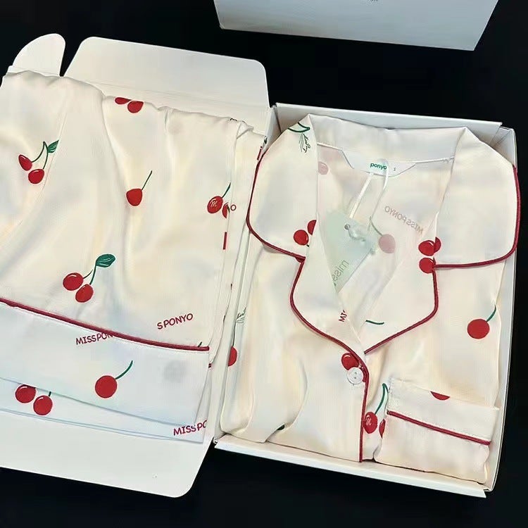 Artificial silk pajamas womens spring and autumn thin long-sleeved two-piece Korean style high-grade ink painting plus size home wear31104 pairs of long red cherry 31104 pairs of long red cherry