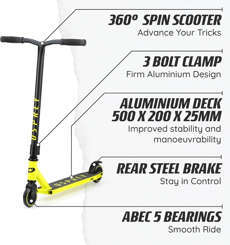 أوسبراي السكوتر الاستعراضي Osprey Stunt Scooter، مناسب للأولاد والبنات والأطفال والبالغين؛ مزود بقضيب دفع Kick T-Bar ومحامل من نوع ABEC 5، بألوان متعددة. - Image 5
