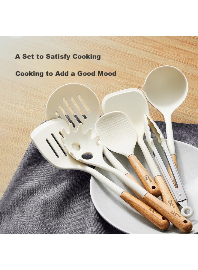 COOKER KING Chuidahuang Silicone Spatula, Wooden Handle Non-stick Pan Coating Frying Pan Specialized Spatula, White  - Image 2