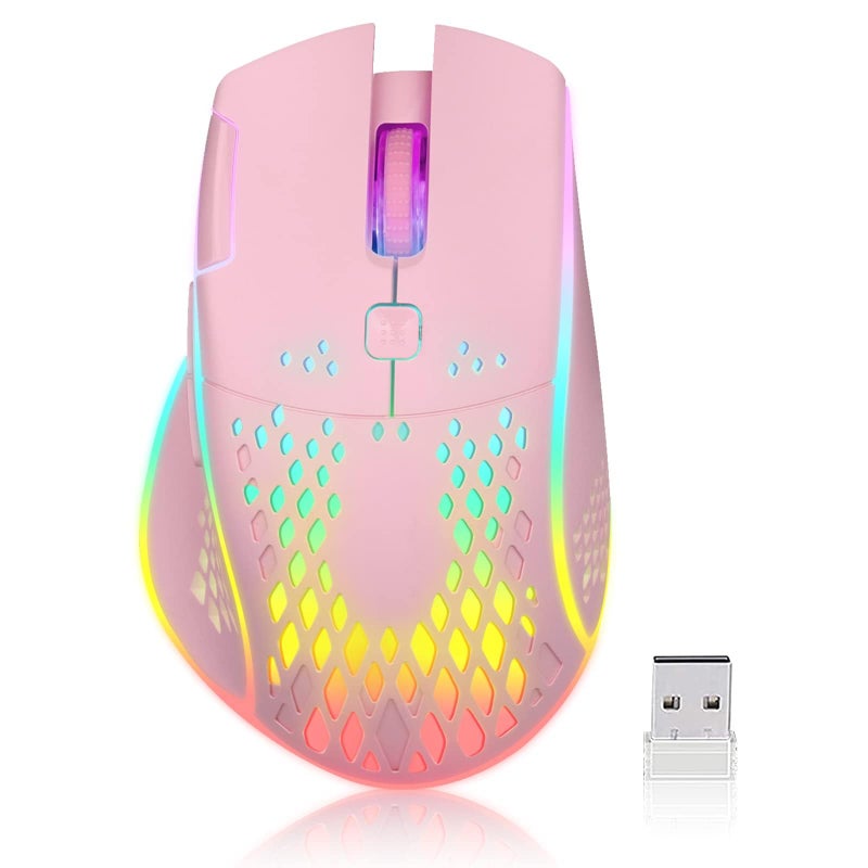 VEGCOO Wireless Gaming Mouse, C30 Silent Click Wireless Rechargeable Gaming Mouse with Double-Click Key and Colorful LED Lights, 3 Level Adjustable DPI for Gaming and Working (Pink) - Image 1