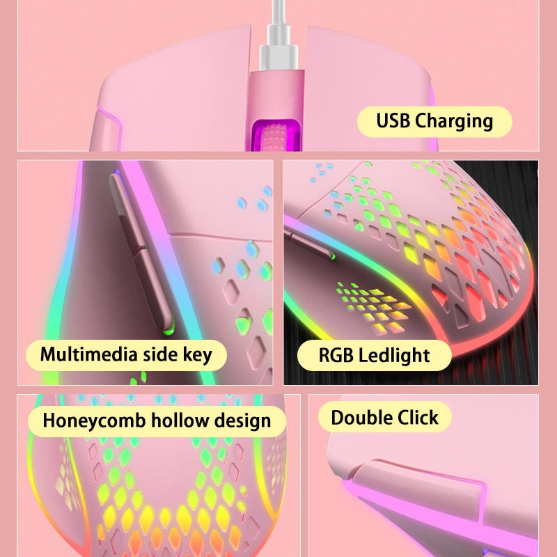 VEGCOO Wireless Gaming Mouse, C30 Silent Click Wireless Rechargeable Gaming Mouse with Double-Click Key and Colorful LED Lights, 3 Level Adjustable DPI for Gaming and Working (Pink) - Image 3