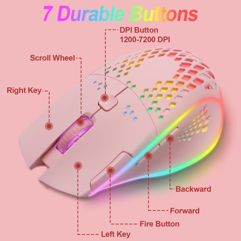 VEGCOO Wireless Gaming Mouse, C30 Silent Click Wireless Rechargeable Gaming Mouse with Double-Click Key and Colorful LED Lights, 3 Level Adjustable DPI for Gaming and Working (Pink) - Image 4