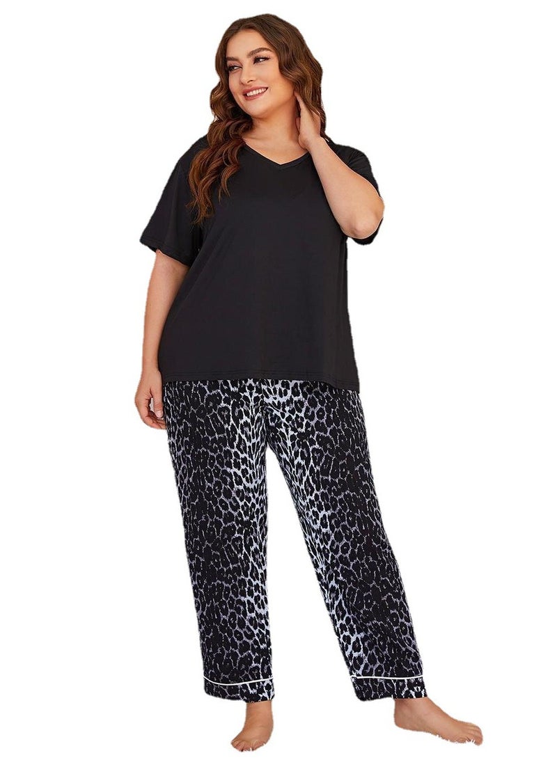 Loquat Women's Leopard Print 2-Piece Set Pajamas Short Sleeve Top And Pants Soft Loungewear Nightgown Suit Leisure Wear Black - Image 1