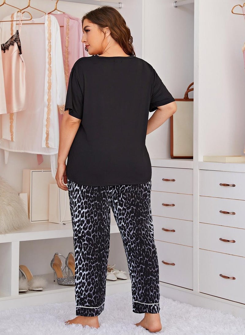 Loquat Women's Leopard Print 2-Piece Set Pajamas Short Sleeve Top And Pants Soft Loungewear Nightgown Suit Leisure Wear Black - Image 3